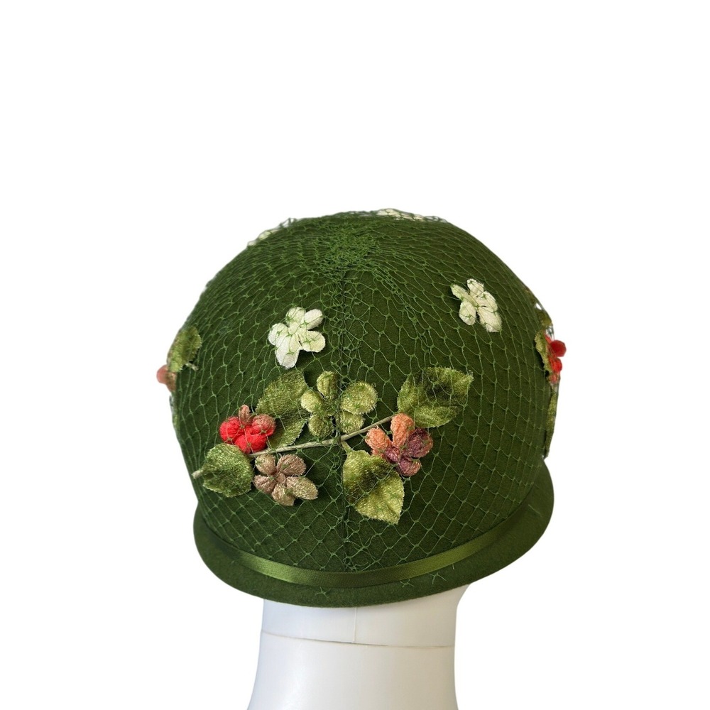 Vtg 50s Green Wool Felt Cloche Hat Floral Velvet Glenover Flapper Style JS - Picture 7 of 12